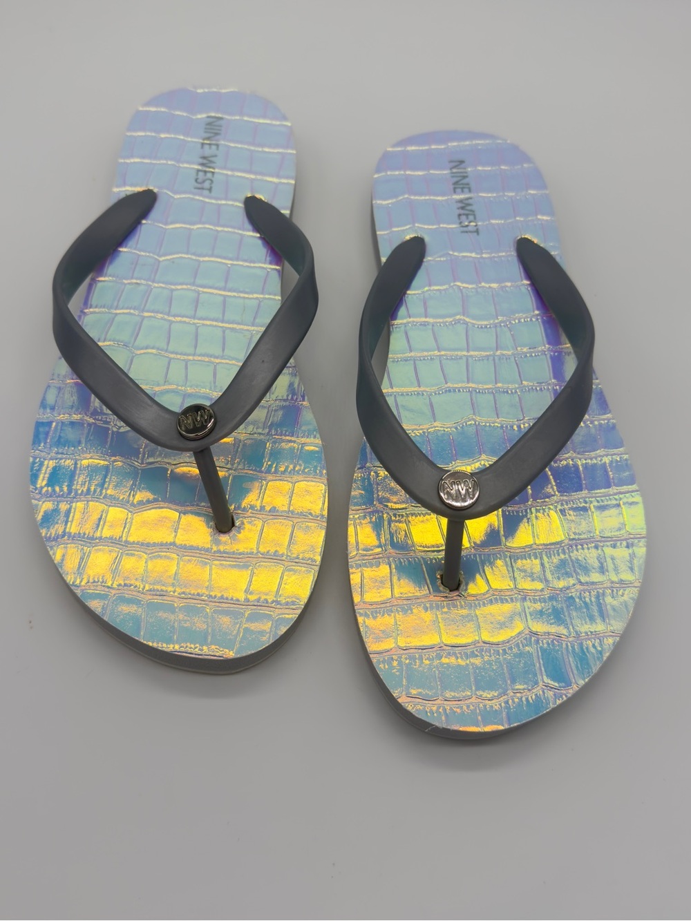 Nine West Iridescent Multicolor Croc-Texture Flip Flop Sandals with Black Straps - Picture 2 of 7